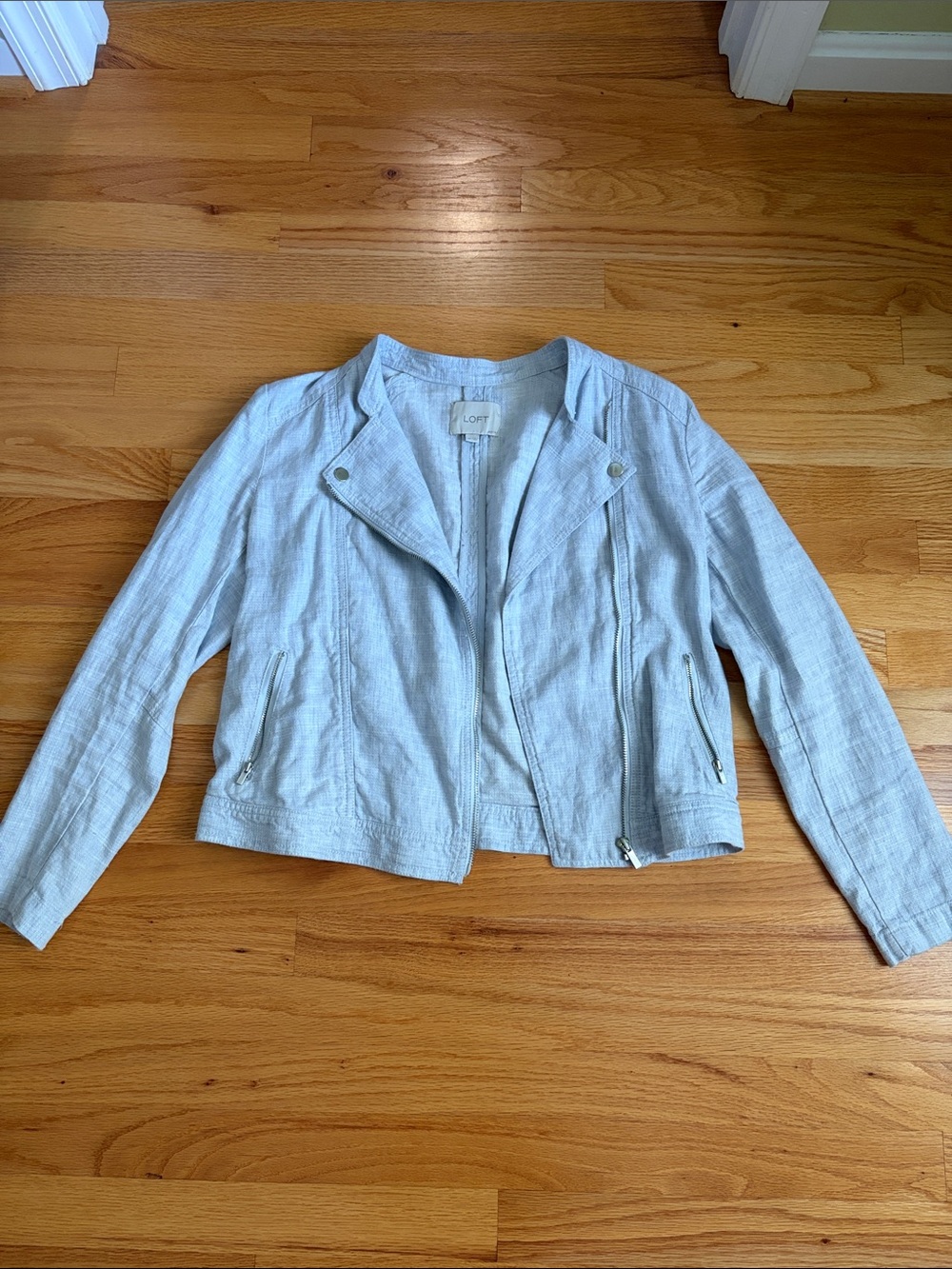 LOFT Pale Blue Linen-Blend Moto Jacket- medium petite